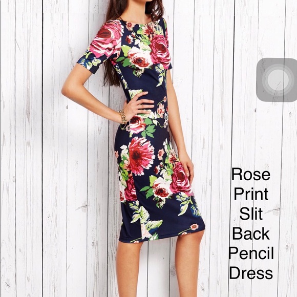 Rose Print Slit Back Pencil Dress - Picture 1 of 4
